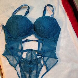 Victoria Secret Deep Blue/Teal Lace Elegant Lingerie Valentine's Day Perfection